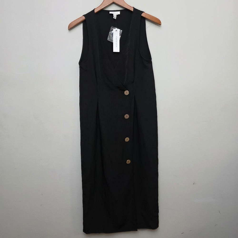 Topshop Black Midi Dress Sleeveless Button Front Collared Size 2 Casual